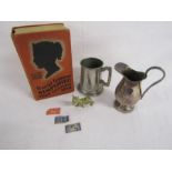 Stanley Gibbons simplified stamp catalogue 1958, stamps, silver plate jug and pewter tankard