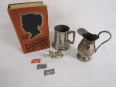 Stanley Gibbons simplified stamp catalogue 1958, stamps, silver plate jug and pewter tankard