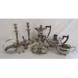 Collection of silver plate includes Walker & Hall tea and coffee set, pen holder with inkwell,