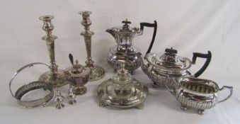 Collection of silver plate includes Walker & Hall tea and coffee set, pen holder with inkwell,