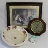 Wash bowl, Seth Thomas Quartzmatic clock, small alarm clock & framed print