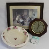 Wash bowl, Seth Thomas Quartzmatic clock, small alarm clock & framed print