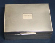 Silver cigarette box with engine turned decoration & personalised plaque, Birmingham 1963, 11.5cm