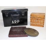 Second World War ARP metal First Aid box, Louth Hospital wooden collection box, Brical Money