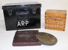 Second World War ARP metal First Aid box, Louth Hospital wooden collection box, Brical Money