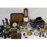 Selection of brassware, aneroid barometer, various brushes, decorative boxes etc.