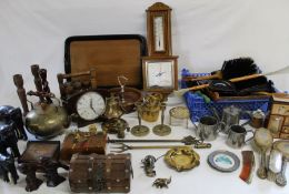 Selection of brassware, aneroid barometer, various brushes, decorative boxes etc.