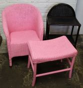 Pink painted Lloyd Loom type chair & stool and bamboo side table