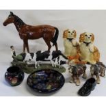 Plaster horse figurine, two Staffordshire style dogs, Royal Stanley Ware floral dish & pot etc.