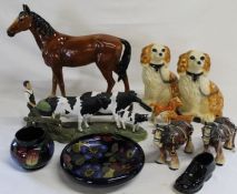 Plaster horse figurine, two Staffordshire style dogs, Royal Stanley Ware floral dish & pot etc.