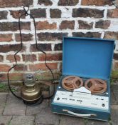 Majestic reel to reel player & oil lamp with spare chimney in iron hanging frame