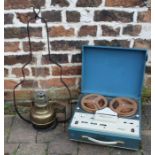 Majestic reel to reel player & oil lamp with spare chimney in iron hanging frame