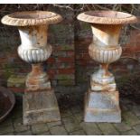 Pair of cast iron classical urns on plinths Ht 110cm Dia 57cm