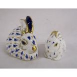 Royal Crown Derby gold button blue and gold rabbit paperweights
