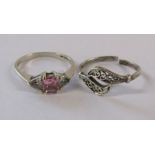 9ct white gold ring with pink stone possibly topaz and cubic zirconia - ring size N - total weight