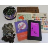 Tin of marbles, "The Boy Who Kicked Pigs" signed by Tom Baker, World stamp album, collection of