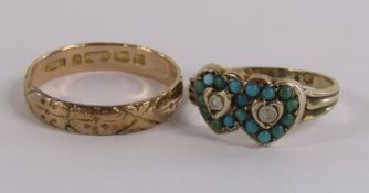 Two 9ct gold rings - double heart with turquoise and pearl stone - ring size L and patterned