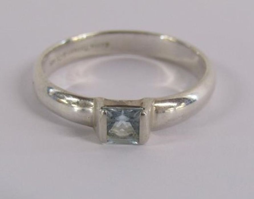 Tiffany & Co square stack silver ring with aquamarine stone ring size P - original receipt and - Image 6 of 8