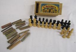 Chad Valley Chessmen boxed chess pieces and some wooden pattern makers