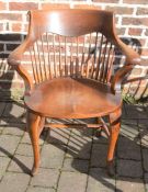 *Unusual early 20th century spindle back smokers bow chair with scroll arms & cabriole legs.  This