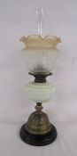 Wright & Butler oil lamp with heron design to brass base (damage to chimney)