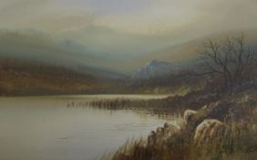 Gilt framed watercolour / gouache depicting lake scene by George Trevor, frame size 69cm by 51cm