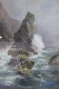 Framed oil painting on canvas signed G. Fowler depicting seagulls on a stormy sea - approx. 76cm x