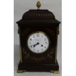 J W Benson inlaid mahogany bracket clock on brass feet, 41cm high, 25cm wide, 15.5cm deep