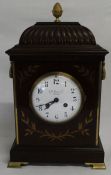 J W Benson inlaid mahogany bracket clock on brass feet, 41cm high, 25cm wide, 15.5cm deep