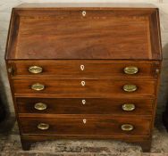 George III mahogany bureau on bracket feet with brass plate handles L 105cm Ht 112cm D 52cm