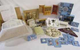 Collection of dolls house furniture including a greenhouse, bathroom, aga etc