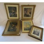 5 framed Baxter prints - some in ornate frames - 'The Day before Marriage' - 'Hollyhocks' - 'The