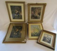 5 framed Baxter prints - some in ornate frames - 'The Day before Marriage' - 'Hollyhocks' - 'The