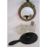 Small collection of items to include a small barbola wall mirror, ebonised wood hand mirror, scent