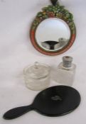 Small collection of items to include a small barbola wall mirror, ebonised wood hand mirror, scent