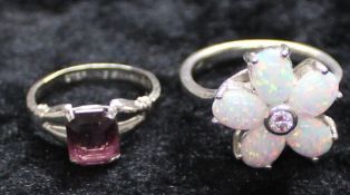 Opal set ring - ring size S & amethyst style ring - ring size J - both marked 925