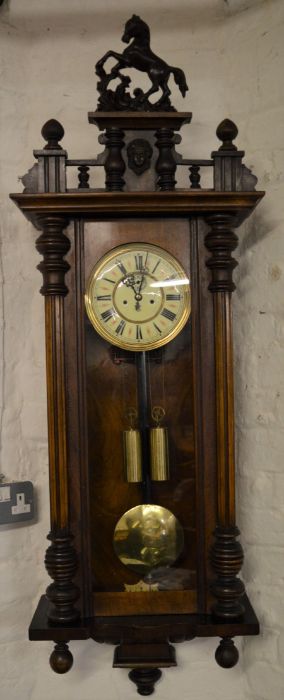 Vienna regulator wall clock with 2 weight driven mechanism & horse pediment Ht 136cm W 43cm