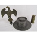 Brass eagle approx. 16cm from base, pewter inkwell and clock weight