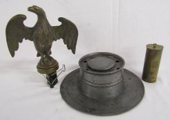 Brass eagle approx. 16cm from base, pewter inkwell and clock weight