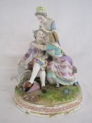 19th century Meissen/Meissen style trio figural set with poodle, figure missing a hand mirror -