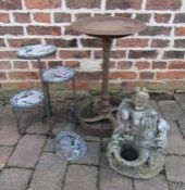 Cast bird bath, tri folding plant stand and concrete garden ornaments