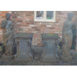 Pair or near pair of classical female cast iron statues with cast iron plinths.  Plinth Ht 83cm