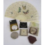 Ladies fan and 6 powder compacts includes Stratton, Melissa, D.R.P leather Art Deco, foreign etc