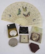 Ladies fan and 6 powder compacts includes Stratton, Melissa, D.R.P leather Art Deco, foreign etc