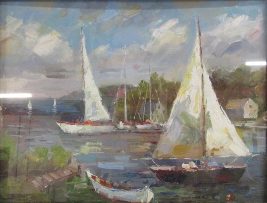 Unsigned oil on board in heavy ornate frame depicting sailing boats - approx. 59cm x 49cm x 8.5cm