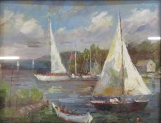 Unsigned oil on board in heavy ornate frame depicting sailing boats - approx. 59cm x 49cm x 8.5cm