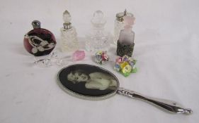 Collection of scent bottles, one with Birmingham DL silver collar also a Marilyn Monroe table mirror