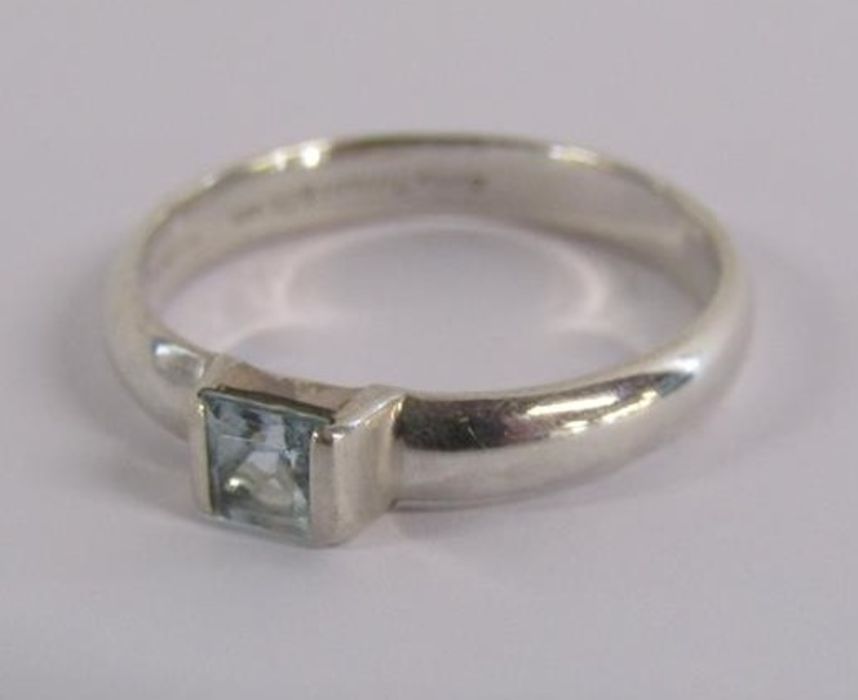 Tiffany & Co square stack silver ring with aquamarine stone ring size P - original receipt and - Image 2 of 8