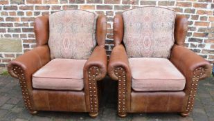 Pair of Thomas Lloyd "Wilmington" high back vintage oatmeal chestnut brown leather armchairs, h