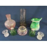 Collection of glass - Caithness pink posy vase, green glass lidded bottles, smoked glass vase etc